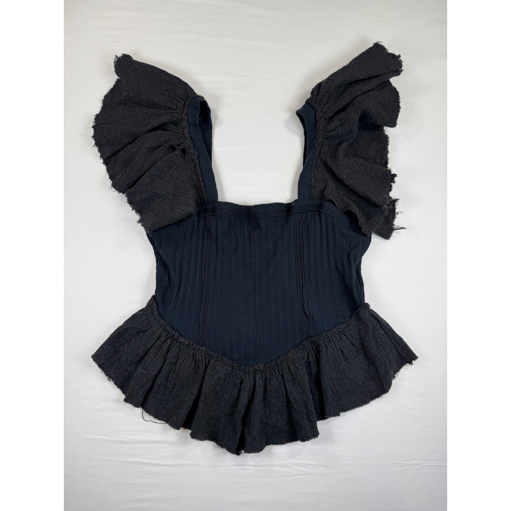 Free People Black‎ Ribbed Ruffle Sleeve Peplum Corset Top Womens Medium